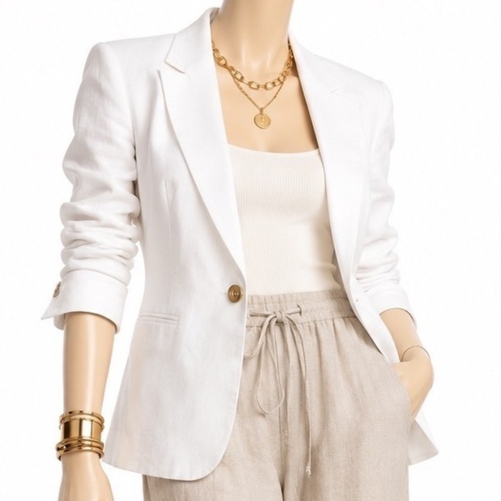 J. CREW Bright White Linen + Cotton One-Button Blazer Tailored Classic | Sz 4